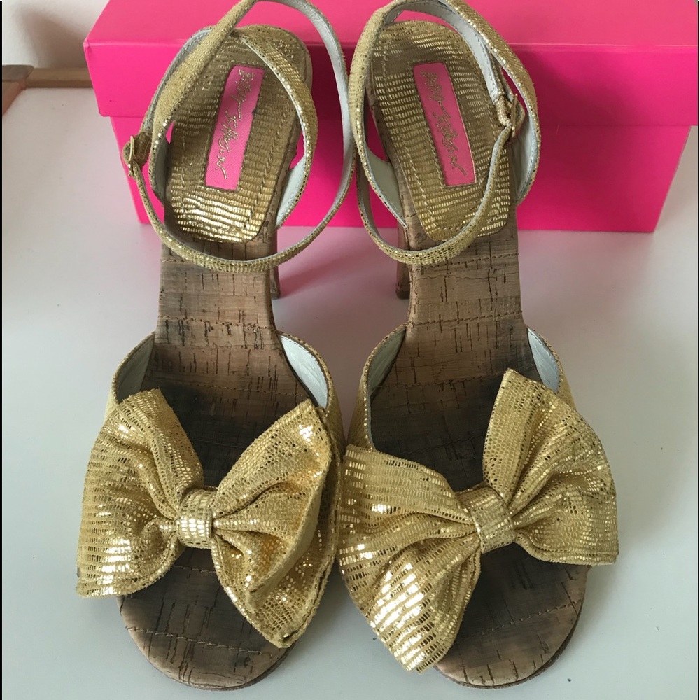 Betsey Johnson Gold Bow Cork Pinup Sandals